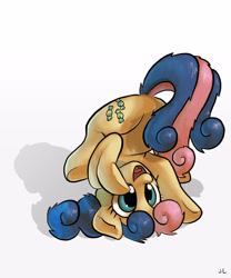 Size: 2625x3150 | Tagged: safe, artist:docwario, character:bon bon, character:sweetie drops, species:earth pony, species:pony, adorabon, bon bon is amused, contortionist, cute, cutie mark, female, flexible, frontbend, high res, hooves, mare, on back, open mouth, smiling, solo, underhoof, upside down