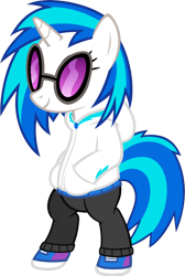 Size: 1430x2134 | Tagged: safe, artist:zacatron94, character:dj pon-3, character:vinyl scratch, species:pony, species:unicorn, bipedal, clothing, female, hoodie, hooves, horn, mare, shoes, simple background, smiling, solo, sunglasses, transparent background, vector