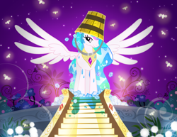 Size: 3300x2550 | Tagged: safe, artist:pixelkitties, character:princess celestia, bedroom eyes, bucket, eyeshadow, firefly, headbucket, ice, ice bucket challenge, looking at you, majestic, majestic as fuck, night, sillestia, silly, smiling, spread wings, vector, wet, wet mane, wings