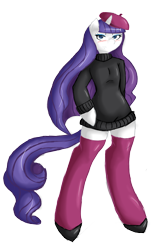 Size: 5000x8000 | Tagged: safe, artist:avante92, character:rarity, species:anthro, species:unguligrade anthro, absurd resolution, arm hooves, beatnik rarity, bedroom eyes, beret, blushing, clothing, female, hat, shoes, solo, stockings, sweater, sweater dress, thigh highs