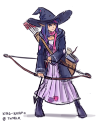 Size: 986x1280 | Tagged: safe, artist:king-kakapo, character:twilight sparkle, species:elf, species:human, 30 minute art challenge, arrow, book, bow (weapon), clothing, dress, elf ears, fantasy class, female, hat, humanized, quiver, satchel, scarf, scroll, solo, unicorns as elves, witch hat