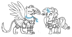 Size: 1280x669 | Tagged: source needed, safe, artist:king-kakapo, character:gilda, character:rarity, species:griffon, apron, blushing, bow, chest fluff, choker, clothing, cute, duster, embarrassed, frown, garter, giggling, gildadorable, grin, hat, lineart, magic, maid, mary janes, measuring tape, monochrome, mouth hold, ribbon, shoes, smiling, socks, spread wings, stockings, telekinesis, unamused, unshorn fetlocks, wings
