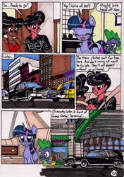 Size: 1400x1985 | Tagged: safe, artist:newyorkx3, character:spike, character:twilight sparkle, character:twilight sparkle (alicorn), oc, oc:crystal, oc:tommy, species:alicorn, species:dragon, species:human, species:pony, comic:twilight and the big city, cadillac, car, comic, crysmmy, female, ford, ford crown victoria, male, mare, taxi, traditional art