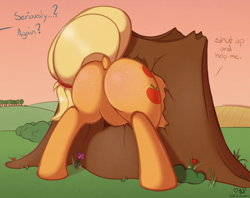 Size: 1280x1016 | Tagged: safe, artist:ratofdrawn, character:applejack, species:pony, fanfic:stuck, applebutt, butt freckles, buttstuck, clopfic, dock, fanfic, fanfic art, featureless crotch, freckles, implied appledash, implied rainbow dash, implied shipping, large butt, plot, raised tail, silly, silly pony, stuck, the ass was fat, the ass was too fat, too fat to fit, too fat to get through, tree stump
