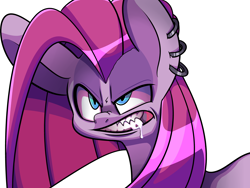 Size: 5332x4000 | Tagged: safe, artist:extradan, character:pinkamena diane pie, character:pinkie pie, angry, drool, ear piercing, earring, female, glare, gritted teeth, jewelry, piercing, punkamena, simple background, solo, white background