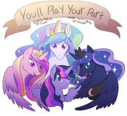 Size: 1280x1166 | Tagged: safe, artist:ambris, artist:poniesforparents, character:princess cadance, character:princess celestia, character:princess luna, character:twilight sparkle, character:twilight sparkle (alicorn), species:alicorn, species:pony, alicorn tetrarchy, encouragement, female, mare, open mouth, positive message, simple background, singing, smiling, spread wings, transparent background, wings, you'll play your part
