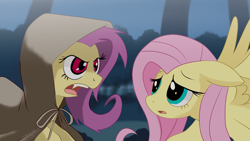 Size: 1024x576 | Tagged: safe, artist:nekokevin, character:flutterbat, character:fluttershy, species:bat pony, species:pegasus, species:pony, bat ponified, cape, clothing, duality, duo, female, floppy ears, looking at each other, mare, open mouth, ponidox, race swap, self ponidox, spread wings, wings