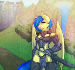 Size: 1280x1195 | Tagged: safe, artist:avante92, oc, oc only, oc:silvia, species:anthro, species:pegasus, species:pony, anthro oc, armor, bedroom eyes, breasts, bridge, female, loincloth, looking at you, open mouth, smiling, solo, sword, unconvincing armor, waterfall, weapon, wings