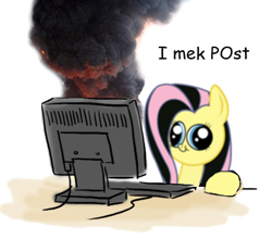 Size: 362x336 | Tagged: safe, artist:king-kakapo, artist:pureinsanity, edit, character:fluttershy, species:pegasus, species:pony, :t, computer, derp, emoshy, female, hey you, i mek post, implied russian, keyboard, mare, meme, on fire, reaction image, simple background, smiling, smoke, white background