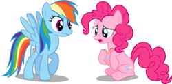 Size: 2815x1389 | Tagged: safe, artist:zacatron94, character:pinkie pie, character:rainbow dash, ship:pinkiedash, confession, crush, female, frown, heart, holding, lesbian, open mouth, present, raised hoof, shipping, simple background, sitting, transparent background, vector, worried