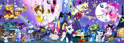 Size: 1800x637 | Tagged: safe, artist:pixelkitties, character:daring do, character:derpy hooves, character:granny smith, character:maud pie, character:nightmare moon, character:pinkie pie, character:princess cadance, character:princess luna, character:rarity, character:trixie, species:bat pony, species:pony, amy keating rogers, ancient wonderbolts uniform, bedroom eyes, book, chest, chun li, clothing, commander easy glider, costume, flying, g.m. berrow, gag, ghoulia yelps, glare, hannibal lecter, heather nuhfer, hoof hold, josh haber, m.a. larson, monster high, muzzle, muzzle gag, natasha levinger, open mouth, pig, pixelkitties' brilliant autograph media artwork, ponified, princess peach, reading, skeleton costume, skull, smiling, spread wings, super mario bros., twilight's castle, umbrella, wings