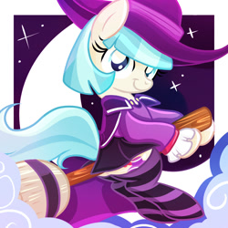 Size: 2000x2000 | Tagged: safe, artist:xwhitedreamsx, character:coco pommel, broom, clothing, cloud, costume, crescent moon, female, flying, flying broomstick, hat, looking at you, moon, night, nightmare night costume, sitting, smiling, socks, solo, stars, striped socks, transparent moon, witch, witch hat