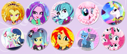 Size: 900x381 | Tagged: safe, artist:pixelkitties, character:adagio dazzle, character:aria blaze, character:bon bon, character:gummy, character:lyra heartstrings, character:maud pie, character:pinkie pie, character:princess celestia, character:sonata dusk, character:sunset shimmer, character:sweetie drops, character:trixie, oc, oc:fluffle puff, ship:lyrabon, ship:mauxie, equestria girls:rainbow rocks, g4, my little pony: equestria girls, my little pony:equestria girls, buttons, female, lesbian, pixel pizazz, shipping, sweet lyres