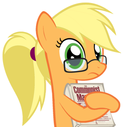 Size: 976x975 | Tagged: safe, artist:muddyfudger, artist:zacatron94, edit, character:applejack, species:earth pony, species:pony, adorkable, alternate hairstyle, book, communism, communist manifesto, cute, dork, egghead, female, frown, glasses, hatless, hug, karl marx, looking at you, mare, meme, missing accessory, nerd pony, parody, ponytail, simple background, solo, transparent background, vector