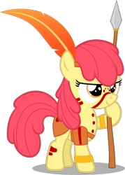 Size: 1595x2224 | Tagged: safe, artist:zacatron94, character:apple bloom, species:earth pony, species:pony, barbarian, clothing, costume, face paint, female, halloween, halloween costume, hilarious in hindsight, holiday, nightmare night, nightmare night costume, predicted the show, simple background, solo, spear, transparent background, tribal, vector, warrior