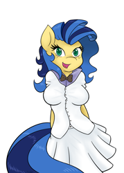 Size: 1280x1785 | Tagged: safe, alternate version, artist:ambris, oc, oc only, oc:milky way, species:anthro, species:pony, bow tie, clothing, dress, explicit source, female, looking at you, mare, multiple variants, solo