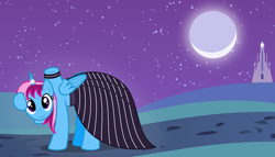 Size: 11200x6400 | Tagged: safe, artist:parclytaxel, oc, oc only, oc:parcly taxel, species:alicorn, species:pony, .svg available, absurd resolution, alicorn oc, cloak, clothing, costume, crystal empire, crystal palace, detachable head, disembodied head, dress, dullahan, field, halloween, headless, headless horse, modular, moon, night, nightmare night, nightmare night costume, path, princess, ribbon, road, stars, story included, trail, vector