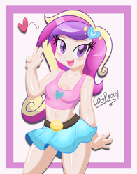 Size: 856x1091 | Tagged: safe, artist:danmakuman, artist:thebrokencog, character:princess cadance, species:human, belly button, belt, blushing, cleavage, clothing, collarbone, cute, cutedance, cutie mark, female, hairclip, heart, humanized, looking at you, midriff, miniskirt, open mouth, peace sign, skirt, smiling, solo, tank top