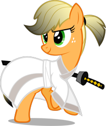 Size: 1742x2074 | Tagged: safe, artist:zacatron94, character:applejack, alternate hairstyle, clothing, costume, female, halloween, halloween costume, holiday, nightmare night, nightmare night costume, pun, samurai, samurai applejack, samurai jack, smiling, solo, sword, visual gag