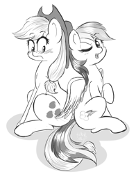 Size: 1280x1634 | Tagged: safe, artist:wickedsilly, character:applejack, character:rainbow dash, ship:appledash, blushing, butt touch, feathermarking, female, lesbian, monochrome, never doubt tchernobog's involvement, shipping
