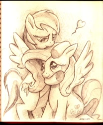 Size: 1275x1540 | Tagged: safe, artist:docwario, character:fluttershy, character:rainbow dash, ship:flutterdash, female, heart, lesbian, shipping, traditional art