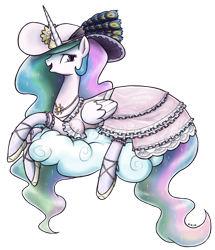 Size: 1100x1280 | Tagged: safe, artist:king-kakapo, character:princess celestia, species:alicorn, species:pony, clothing, cloud, dress, feather, female, frilly dress, hat, mare, necklace, open mouth, shoes, simple background, smiling, socks, solo, transparent background