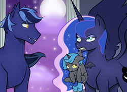 Size: 1800x1300 | Tagged: safe, artist:kianamai, artist:mutant-girl013, edit, character:princess luna, oc, oc:princess nidra, oc:supernova, parent:oc:supernova, parent:princess luna, parents:canon x oc, species:alicorn, species:bat pony, species:pony, kilalaverse, alicorn oc, amused, baby, baby pony, bat pony alicorn, behaving like a cat, canon x oc, carrying, color edit, colored, family, father and daughter, female, filly, foal, mother and daughter, next generation, offspring, scruff