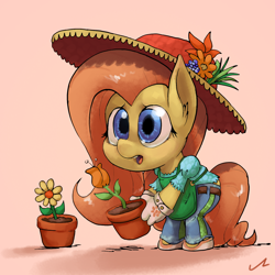 Size: 1500x1500 | Tagged: safe, artist:docwario, character:fluttershy, species:anthro, apron, clothing, female, flower, flower pot, gloves, hat, holding, looking at you, pants, potted plant, solo