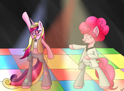 Size: 2300x1700 | Tagged: safe, artist:novaspark, character:pinkie pie, character:princess cadance, species:alicorn, species:earth pony, species:pony, 1970s, 70s, afro, belly button, bipedal, chest fluff, clothing, dancing, disco, disco dance, female, hippie, john travolta, mare, midriff, peace sign, saturday night fever