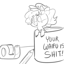 Size: 500x500 | Tagged: safe, artist:mt, oc, oc only, species:pony, coffee, cup, cup of pony, grin, leaning, looking at you, micro, monochrome, mug, mug of pony, smiling, solo, vulgar, your waifu is shit
