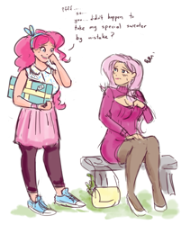 Size: 803x1000 | Tagged: safe, artist:king-kakapo, character:fluttershy, character:pinkie pie, species:human, bag, bench, blushing, boob window, cleavage, clothing, converse, embarrassed, female, humanized, keyhole turtleneck, laughing, leggings, open-chest sweater, pantyhose, present, shirt, sketch, skirt, sneakers, sweater, sweatershy, turtleneck