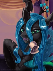 Size: 900x1200 | Tagged: safe, artist:kp-shadowsquirrel, character:queen chrysalis, species:changeling, beautiful, changeling queen, fangs, female, flower in mouth, mouth hold, open mouth, raised hoof, rose, rose in mouth, signature, smiling, solo, standing, tongue out, wings