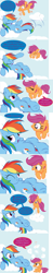 Size: 896x4541 | Tagged: safe, artist:frist44, character:rainbow dash, character:scootaloo, species:pegasus, species:pony, cheerilee-s-chalkboard, cloud, cloudy, comic, cute, cutealoo, dialogue, fluffy, flying, scootacurse, speech bubble, tickets, tumblr, wink, wonderbolts