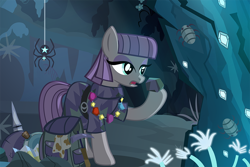 Size: 900x600 | Tagged: safe, artist:pixelkitties, character:maud pie, cave, female, insect, open mouth, raised hoof, rock, rock candy necklace, solo, spider, star spider