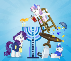 Size: 1100x951 | Tagged: safe, artist:pixelkitties, character:opalescence, character:rarity, character:sweetie belle, species:pony, species:unicorn, abstract background, balancing, bell, bits, blowtorch, bow, candle, cat, cat bell, clothing, dreidel, female, filly, floppy ears, frown, hair bow, hair ornament, hanukkah, hoof hold, jew rarity, jewnicorn, judaism, kitchen sink, lidded eyes, menorah, open mouth, pyro belle, religion, shocked, sink, skirt, sunburst background, sweater, sweetie fail, table, this will end in fire, this will end in tears, this will end in tears and/or death and/or covered in tree sap, unamused, wat, wide eyes