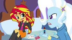 Size: 1280x720 | Tagged: safe, artist:hakunohamikage, character:sunset shimmer, character:trixie, ship:suntrix, my little pony:equestria girls, female, kiss mark, lesbian, lipstick, poker, red lipstick, shipping
