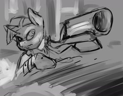 Size: 1280x1006 | Tagged: safe, artist:hobbes-maxwell, character:twilight sparkle, female, gun, monochrome, sketch, solo