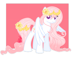 Size: 3781x2964 | Tagged: safe, artist:xwhitedreamsx, oc, oc only, oc:kaory, species:pegasus, species:pony, female, flower, flower in hair, long mane, long tail, looking at you, mare, simple background, smiling, sparkles, spread wings, transparent background, wings