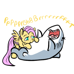 Size: 500x500 | Tagged: safe, artist:mt, character:fluttershy, species:pegasus, species:pony, duo, female, great white shark, mare, onomatopoeia, raspberry, raspberry noise, shark, simple background, tummy buzz, white background