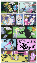 Size: 800x1358 | Tagged: safe, artist:digoraccoon, artist:newbiespud, edit, edited screencap, screencap, character:cheerilee, character:daring do, character:derpy hooves, character:diamond tiara, character:nurse redheart, character:princess celestia, character:trixie, character:zecora, species:alicorn, species:changeling, species:earth pony, species:pegasus, species:pony, species:unicorn, species:zebra, comic:friendship is dragons, alicorn amulet, blast, cloak, clothing, collaboration, comic, dialogue, dungeons and dragons, ear piercing, earring, eyes closed, female, fight, filly, glowing horn, hat, horn, jewelry, magic, magic beam, magic blast, mare, neck rings, piercing, pith helmet, screencap comic, scroll, smarmony tries, sunburst background, tiara