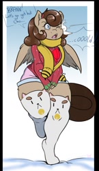 Size: 743x1280 | Tagged: safe, artist:arnachy, oc, oc only, oc:cookie dough, oc:cookie dough (trottingham), species:anthro, species:pegasus, species:pony, species:unguligrade anthro, bee and puppycat, chubby, clothing, curvy, cute, scarf, snow, socks, solo, sweater, thunder thighs, wide hips