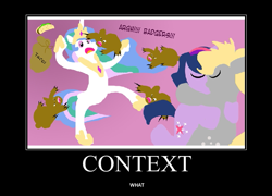 Size: 749x540 | Tagged: safe, artist:pixelkitties, character:derpy hooves, character:princess celestia, character:twilight sparkle, species:pony, ship:twerpy, badger, bipedal, context is for the weak, demotivational poster, eyes closed, female, kissing, lesbian, meme, open mouth, shipping, taco, wat