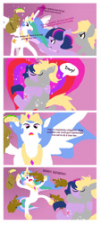 Size: 900x1998 | Tagged: safe, artist:pixelkitties, character:derpy hooves, character:princess celestia, character:twilight sparkle, species:pegasus, species:pony, ship:twerpy, artifact, badger, comic, female, lesbian, lineless, mare, shipping, taco, wat