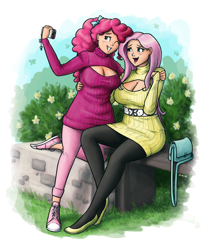 Size: 1000x1240 | Tagged: safe, artist:king-kakapo, character:fluttershy, character:pinkie pie, species:human, breasts, busty fluttershy, busty pinkie pie, cellphone, clothing, converse, female, flats, humanized, keyhole turtleneck, open-chest sweater, pantyhose, phone, selfie, sweater, sweatershy, tights, turtleneck, wink