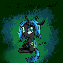 Size: 1500x1500 | Tagged: safe, artist:novaspark, character:queen chrysalis, species:changeling, changeling queen, cute, cutealis, dialogue, fangs, female, looking at you, nymph, sitting, smiling, solo, younger