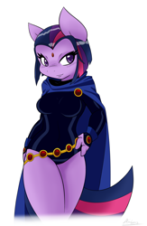 Size: 1222x1877 | Tagged: safe, artist:ambris, character:twilight sparkle, species:anthro, cosplay, female, missing horn, multiple variants, raven (teen titans), simple background, solo, twiraven, voice actor joke, white background
