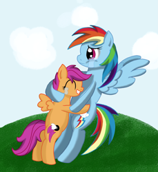 Size: 2191x2393 | Tagged: safe, artist:novaspark, character:rainbow dash, character:scootaloo, species:pegasus, species:pony, crying, high res, hug, scootalove