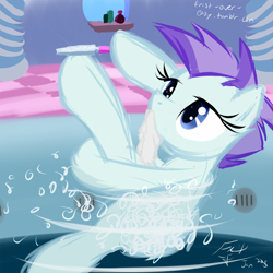 Size: 768x768 | Tagged: safe, artist:frist44, bubble, file, hoof hold, hooficure, hot tub, jacuzzi, mouth hold, roxie, roxie rave, solo, spa, wash cloth, wet
