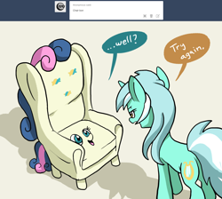 Size: 1280x1146 | Tagged: safe, artist:docwario, character:bon bon, character:lyra heartstrings, character:sweetie drops, species:pony, armchair, askblankbon, bon bon is amused, chair, dialogue, female, furniture, lyra is not amused, speech bubble, tumblr, wat