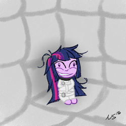 Size: 800x800 | Tagged: safe, artist:novaspark, character:twilight sparkle, my little pony:equestria girls, asylum, female, grin, insanity, padded cell, smiling, solo, straitjacket, twilight snapple